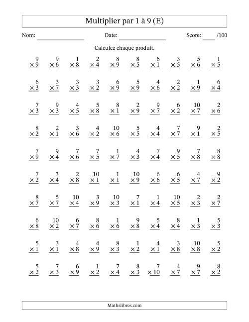 Multiplier (1 à 10) par 1 à 9 (100 Questions) (E)