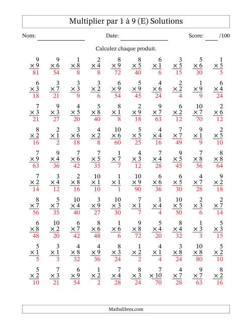 Multiplier (1 à 10) par 1 à 9 (100 Questions) (E) page 2
