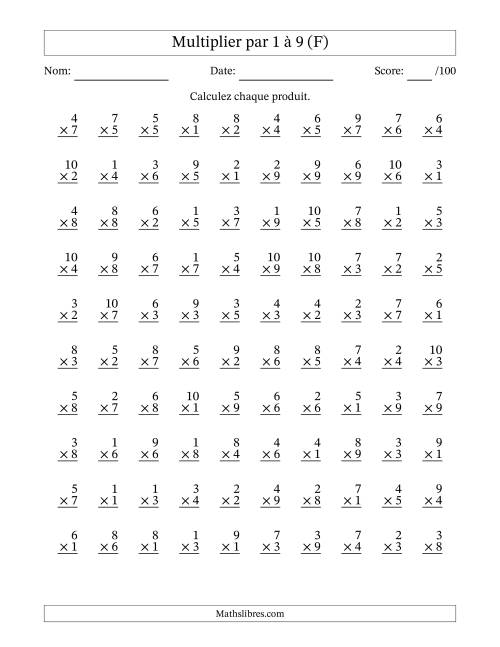 Multiplier (1 à 10) par 1 à 9 (100 Questions) (F)