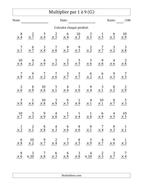 Multiplier (1 à 10) par 1 à 9 (100 Questions) (G)