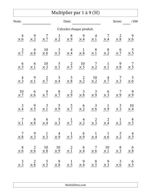 Multiplier (1 à 10) par 1 à 9 (100 Questions) (H)