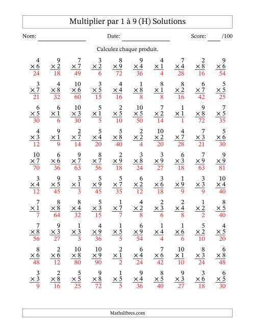 Multiplier (1 à 10) par 1 à 9 (100 Questions) (H) page 2