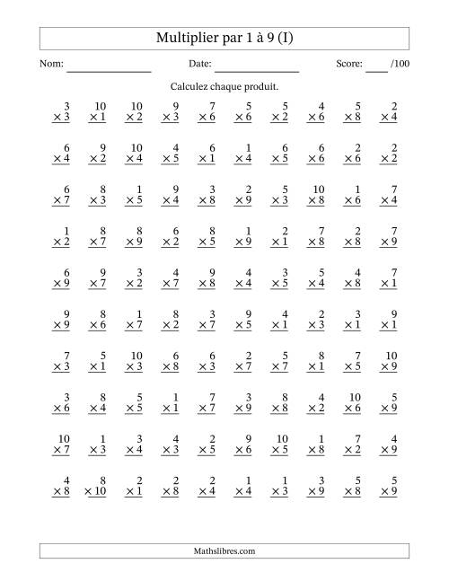 Multiplier (1 à 10) par 1 à 9 (100 Questions) (I)