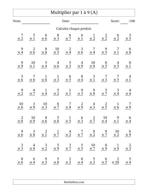 Multiplier (1 à 10) par 1 à 9 (100 Questions) (Tout)