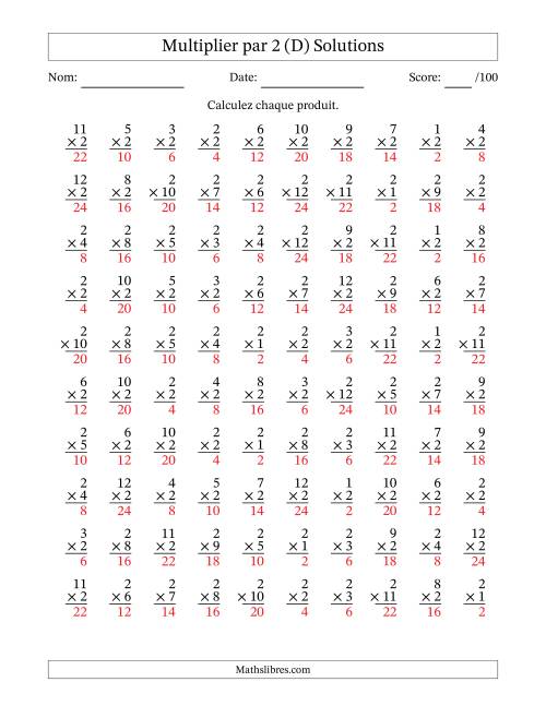 Multiplier (1 à 12) par 2 (100 Questions) (D) page 2