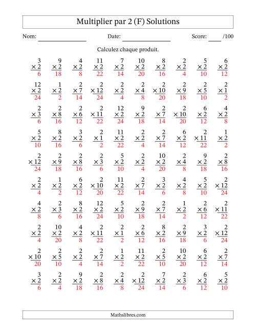 Multiplier (1 à 12) par 2 (100 Questions) (F) page 2
