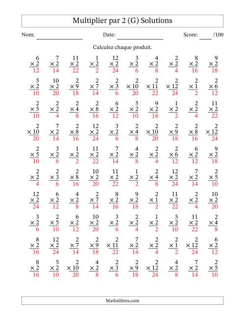 Multiplier (1 à 12) par 2 (100 Questions) (G) page 2