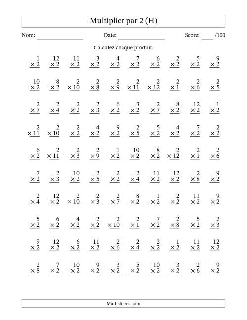 Multiplier (1 à 12) par 2 (100 Questions) (H)