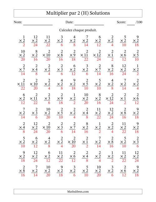 Multiplier (1 à 12) par 2 (100 Questions) (H) page 2
