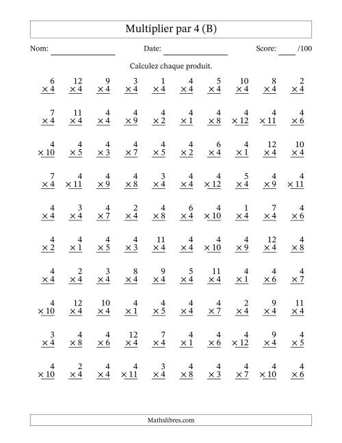 Multiplier (1 à 12) par 4 (100 Questions) (B)