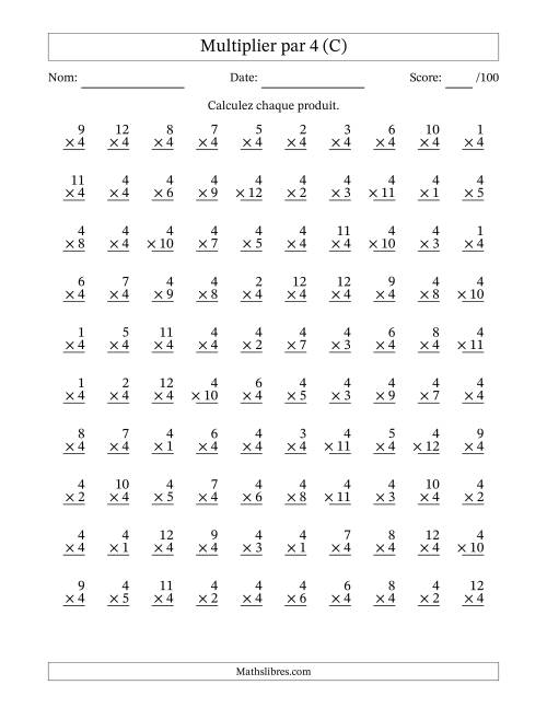 Multiplier (1 à 12) par 4 (100 Questions) (C)