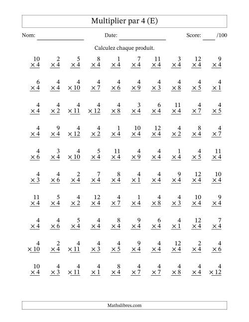 Multiplier (1 à 12) par 4 (100 Questions) (E)