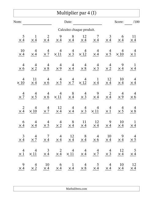 Multiplier (1 à 12) par 4 (100 Questions) (I)