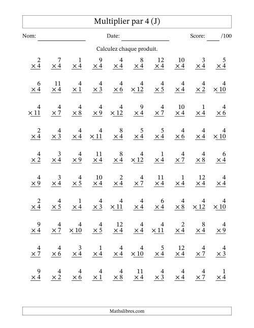 Multiplier (1 à 12) par 4 (100 Questions) (J)