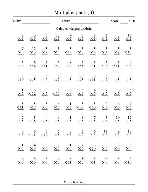 Multiplier (1 à 12) par 5 (100 Questions) (B)