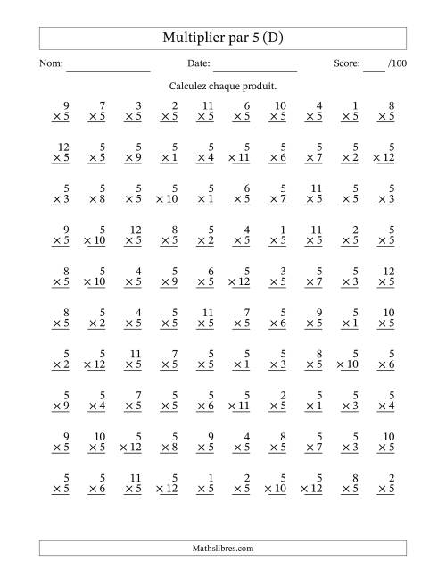 Multiplier (1 à 12) par 5 (100 Questions) (D)