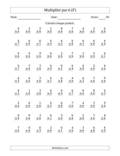 Multiplier (1 à 9) par 6 (81 Questions) (F)