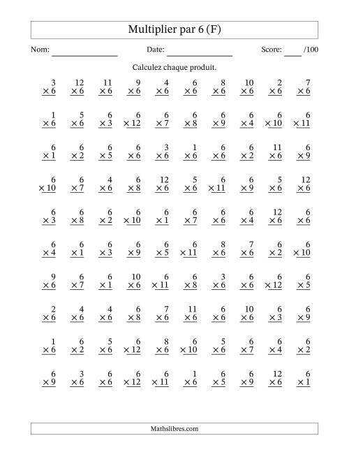 Multiplier (1 à 12) par 6 (100 Questions) (F)