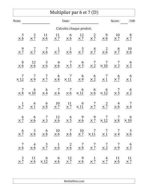 Multiplier (1 à 12) par 6 et 7 (100 Questions) (D)