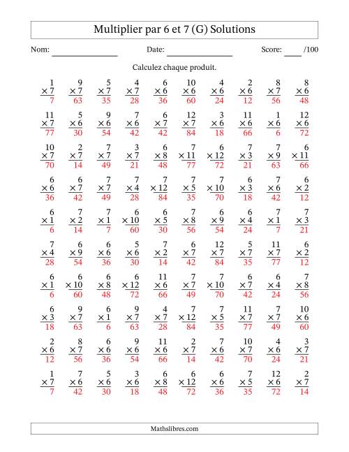 Multiplier (1 à 12) par 6 et 7 (100 Questions) (G) page 2