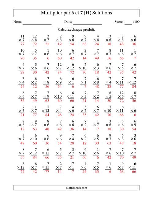 Multiplier (1 à 12) par 6 et 7 (100 Questions) (H) page 2
