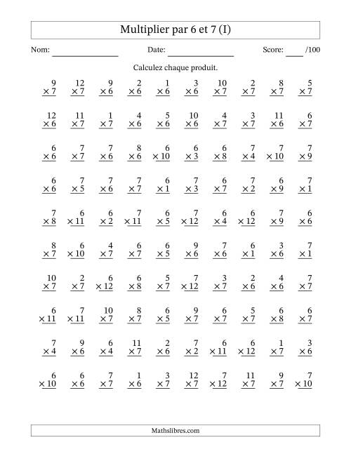 Multiplier (1 à 12) par 6 et 7 (100 Questions) (I)
