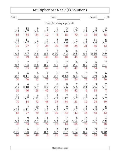 Multiplier (1 à 12) par 6 et 7 (100 Questions) (I) page 2