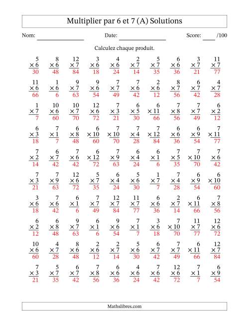 Multiplier (1 à 12) par 6 et 7 (100 Questions) (Tout) page 2