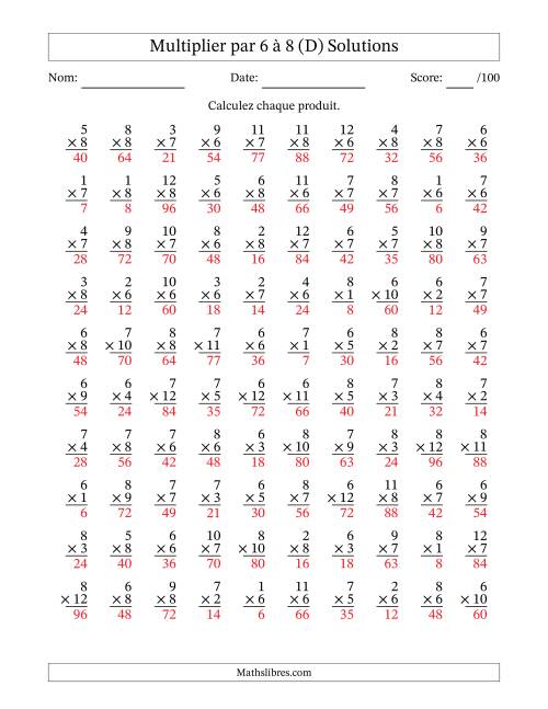 Multiplier (1 à 12) par 6 à 8 (100 Questions) (D) page 2