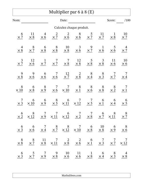 Multiplier (1 à 12) par 6 à 8 (100 Questions) (E)