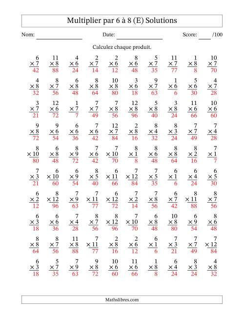 Multiplier (1 à 12) par 6 à 8 (100 Questions) (E) page 2
