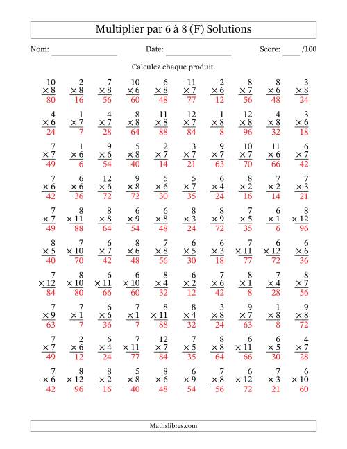Multiplier (1 à 12) par 6 à 8 (100 Questions) (F) page 2