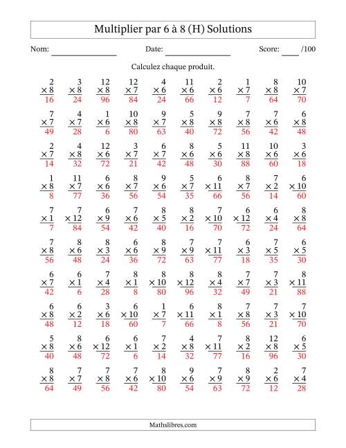 Multiplier (1 à 12) par 6 à 8 (100 Questions) (H) page 2