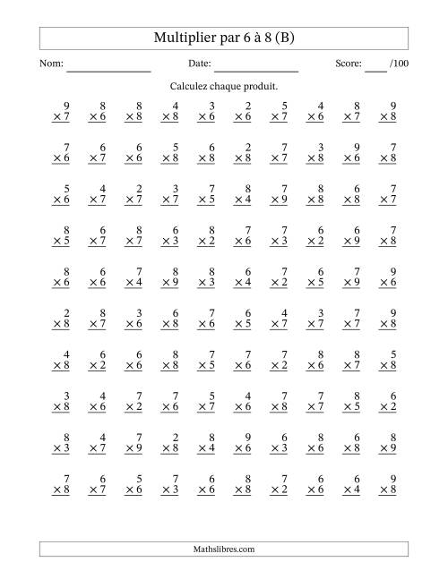 Multiplier (2 à 9) par 6 à 8 (100 Questions) (B)