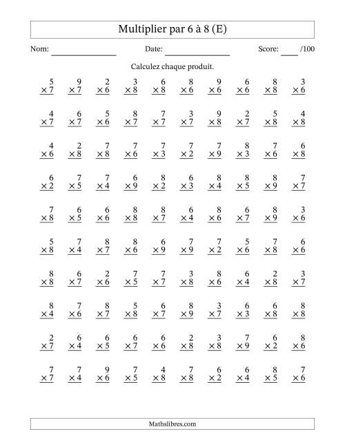 Multiplier (2 à 9) par 6 à 8 (100 Questions) (E)