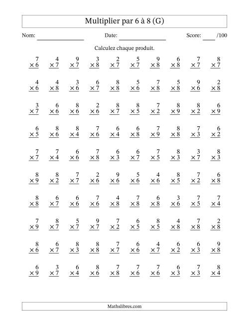 Multiplier (2 à 9) par 6 à 8 (100 Questions) (G)