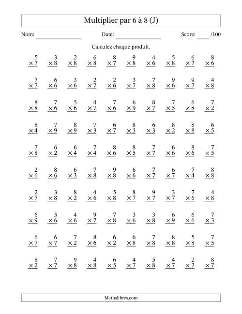 Multiplier (2 à 9) par 6 à 8 (100 Questions) (J)