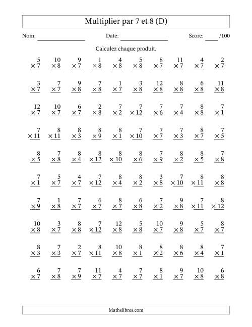Multiplier (1 à 12) par 7 et 8 (100 Questions) (D)