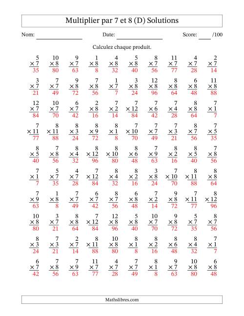 Multiplier (1 à 12) par 7 et 8 (100 Questions) (D) page 2