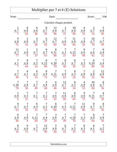 Multiplier (1 à 12) par 7 et 8 (100 Questions) (E) page 2