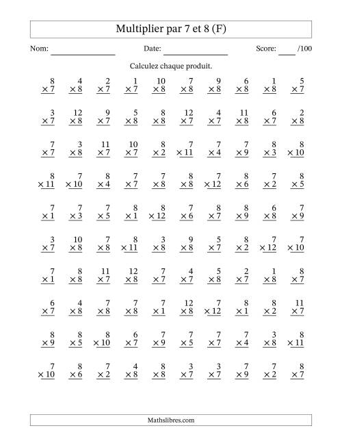 Multiplier (1 à 12) par 7 et 8 (100 Questions) (F)