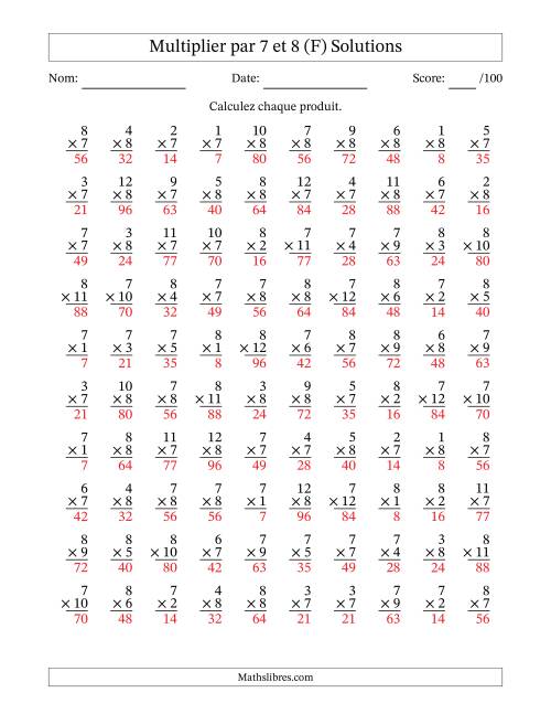 Multiplier (1 à 12) par 7 et 8 (100 Questions) (F) page 2
