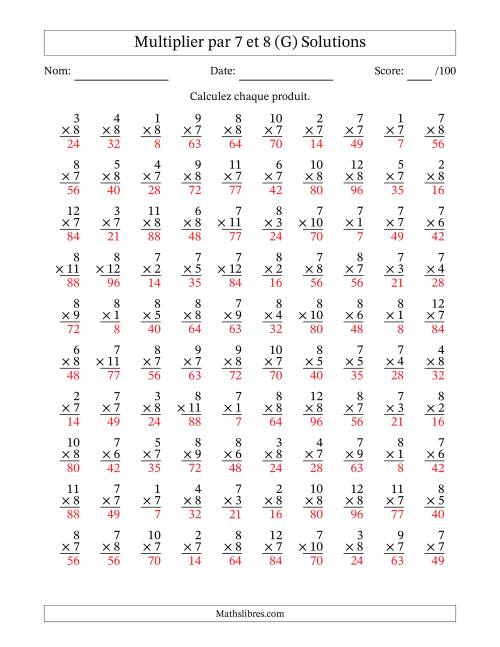 Multiplier (1 à 12) par 7 et 8 (100 Questions) (G) page 2