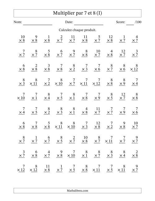 Multiplier (1 à 12) par 7 et 8 (100 Questions) (I)