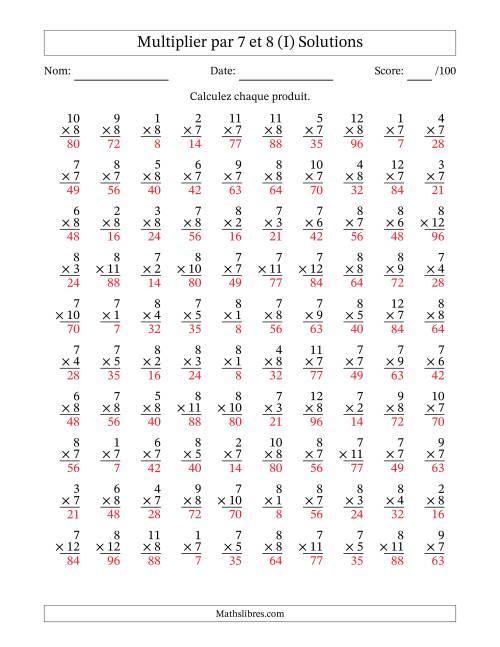 Multiplier (1 à 12) par 7 et 8 (100 Questions) (I) page 2