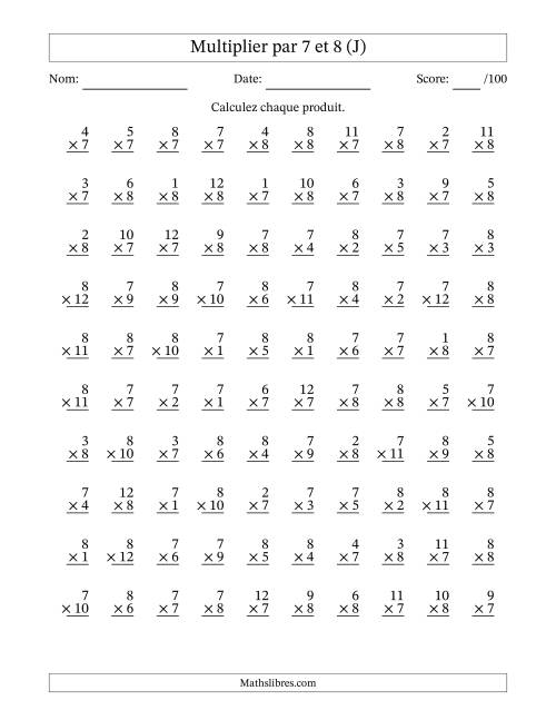 Multiplier (1 à 12) par 7 et 8 (100 Questions) (J)