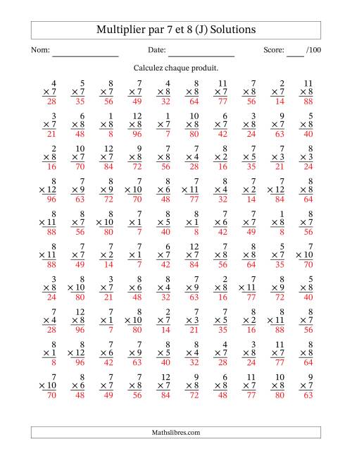 Multiplier (1 à 12) par 7 et 8 (100 Questions) (J) page 2
