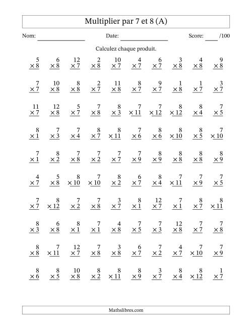 Multiplier (1 à 12) par 7 et 8 (100 Questions) (Tout)
