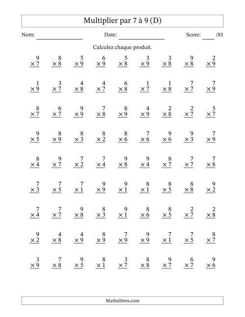 Multiplier (1 à 9) par 7 à 9 (81 Questions) (D)