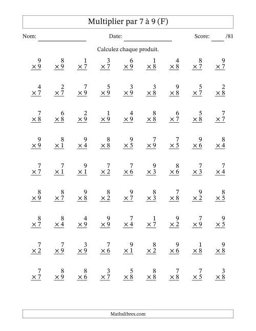 Multiplier (1 à 9) par 7 à 9 (81 Questions) (F)